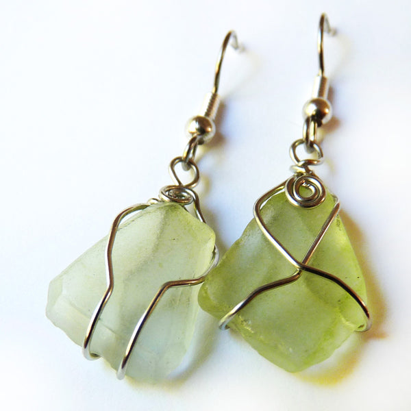 Cultured Sea Glass Earrings - Lime & Silver Handmade Wire Wrapped Dangle  Drop Earrings - Petite Lime Green Hypoallergenic Earrings