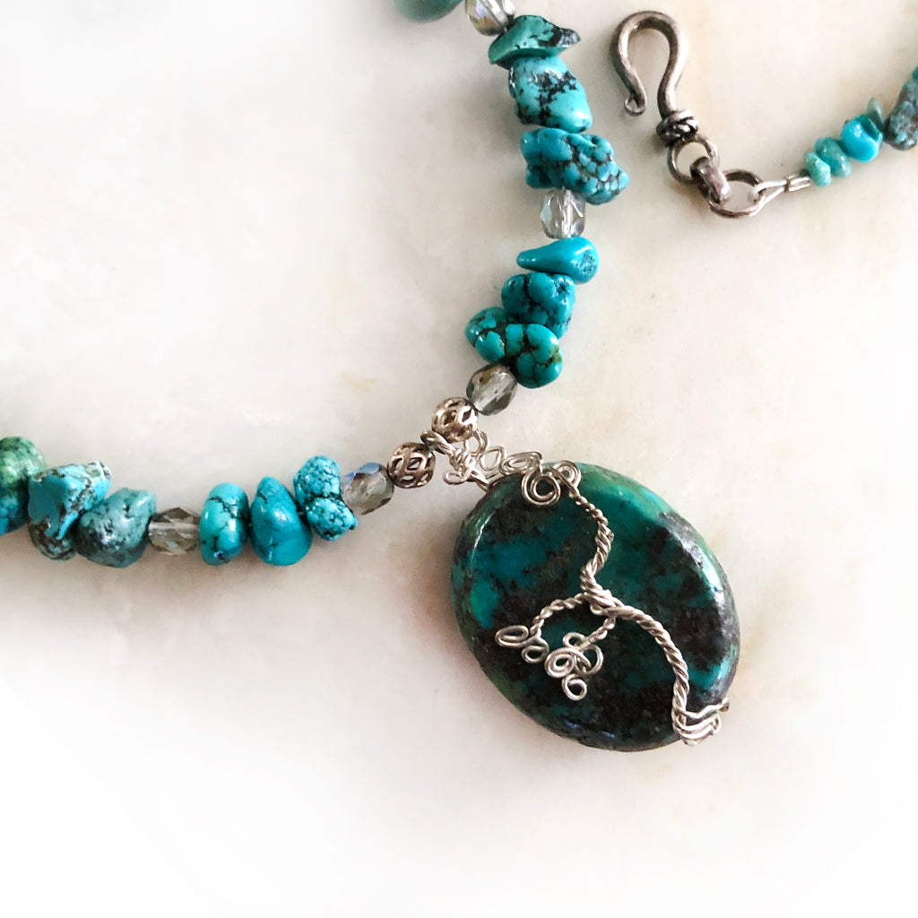 Genuine Turquoise Gemstone & Sterling Silver Handmade Wire Wrapped Tre ...